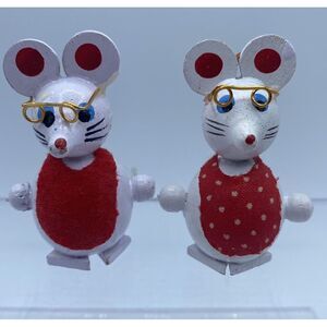 Vintage Lot of 2 White Wooden 2.5 in Mr‎ and Mrs Mouse with Bibs Tree Ornaments
